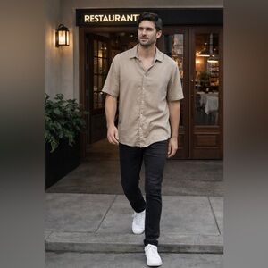 Alfani Beige Short Sleeve Button Down Shirt